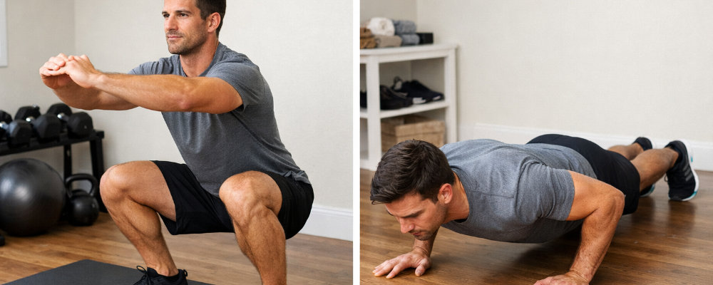 Homme montrant exercices squats et pompes au poids du corps  domicile