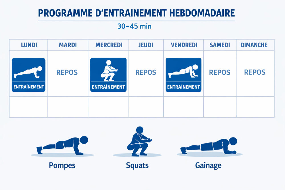 Planning hebdomadaire programme full body 3 sances sans matriel dbutant