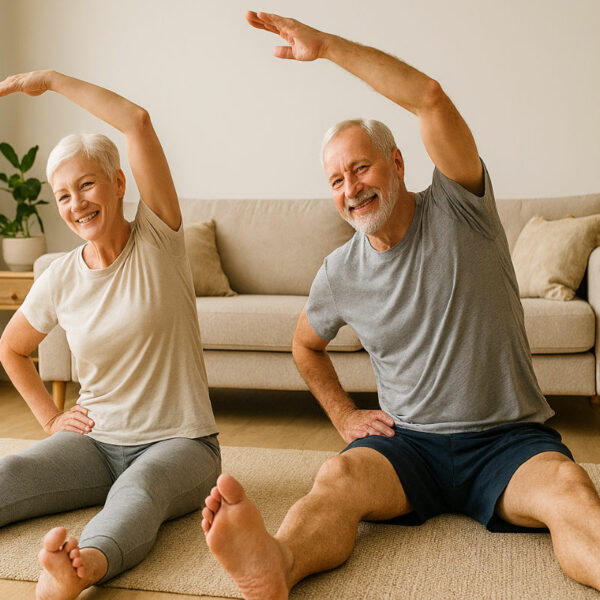 Deux personnes agées (seniors) faisant des exercices de gym à domicile.