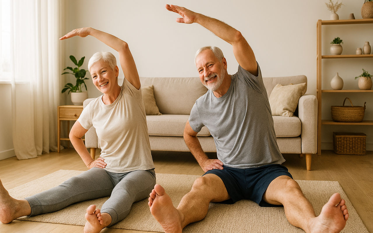 Deux personnes agées (seniors) faisant des exercices de gym à domicile.
