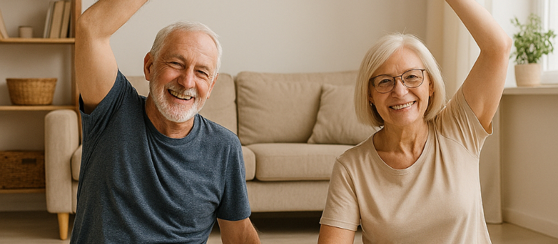 Deux snior xcutant des exercices de gym  domicile