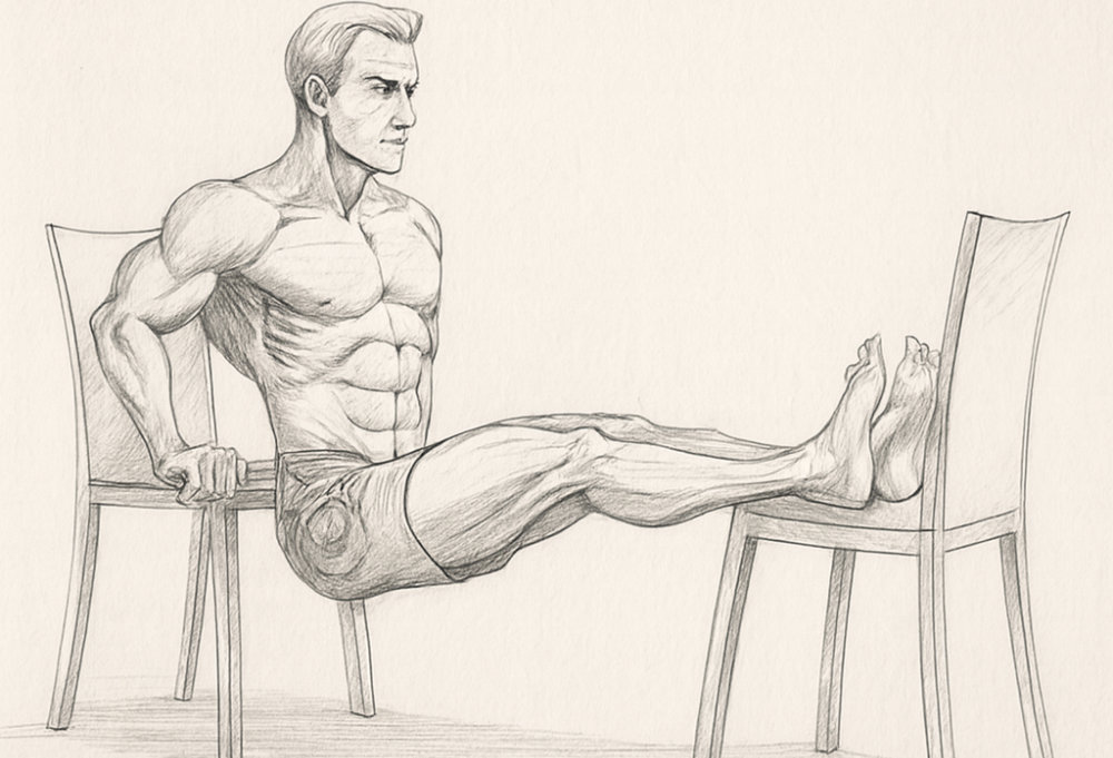 Dessin dun homme faisant des dips entre deux chaises de cuisine