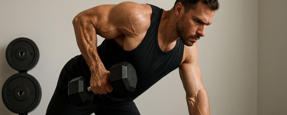 Athlte effectuant un rowing haltre unilatral dans un home gym pour un programme prise de masse  domicile