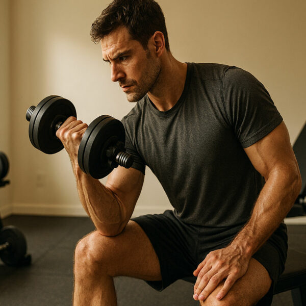 Homme s'entraînant avec des haltères dans son home gym pour un programme prise de masse maison