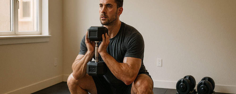 Homme ralisant un gobelet squat avec haltre dans son home gym dans le cadre dun programme prise de masse maison