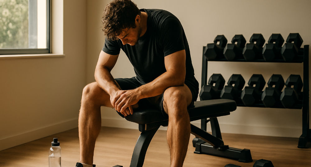 Pratiquant de musculation au repos entre deux sries dans son home gym pour optimiser sa rcupration