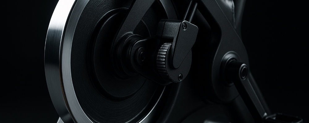 Dtail de la roue dinertie et du systme de rsistance magntique dun vlo dappartement