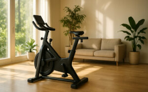 Vélo d'appartement moderne dans une salle de sport à domicile lumineuse avec grandes fenêtres