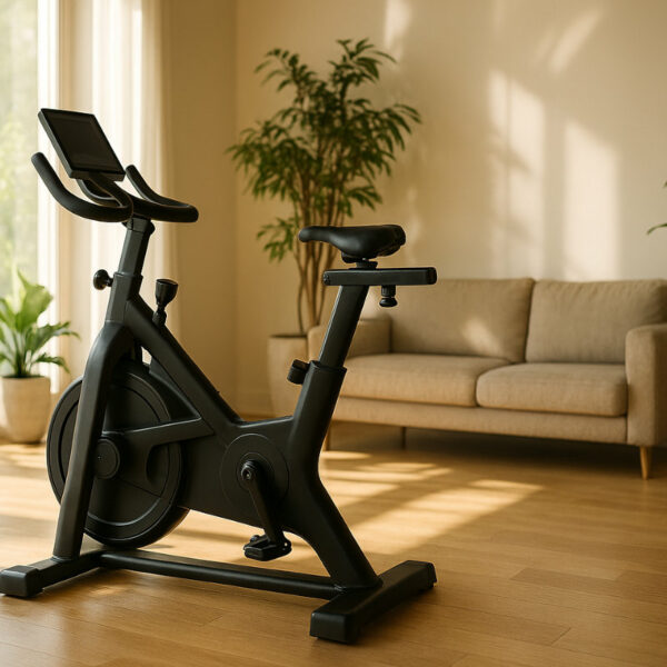 Vélo d'appartement moderne dans une salle de sport à domicile lumineuse avec grandes fenêtres