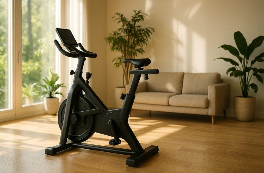 Vélo d'appartement moderne dans une salle de sport à domicile lumineuse avec grandes fenêtres