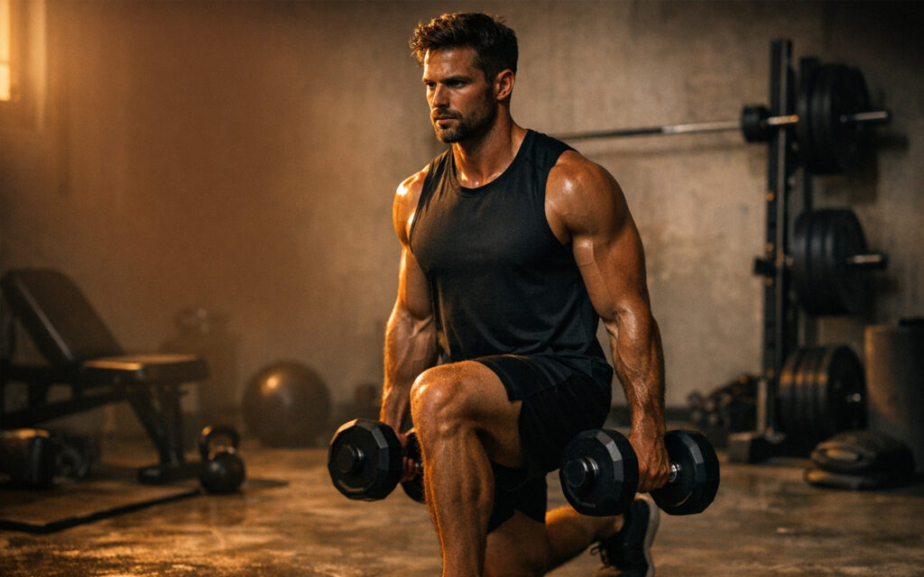 Athlète effectuant des fentes lestées dans un home gym minimaliste pour préparer un HYROX à domicile