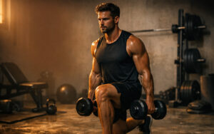 Athlète effectuant des fentes lestées dans un home gym minimaliste pour préparer un HYROX à domicile