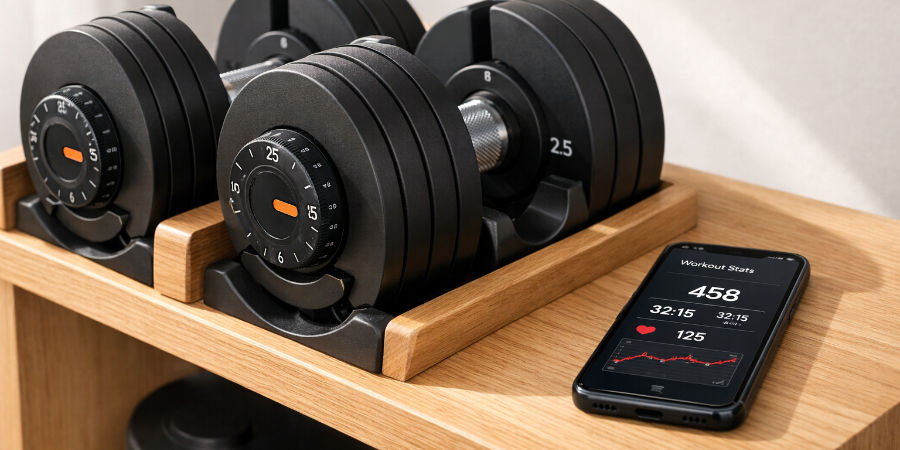 Haltres ajustables connects poss sur un rack dans un home gym minimaliste avec app de suivi sur smartphone