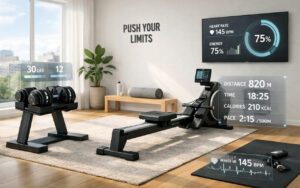 Home gym connecté avec rameur et haltères ajustables dans un appartement moderne
