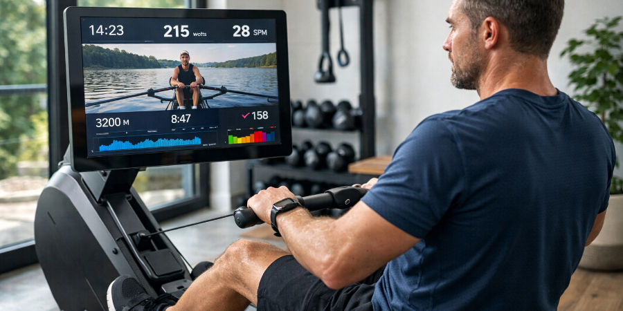 Homme utilisant un rameur connect dans un home gym moderne avec donnes dentranement affiches