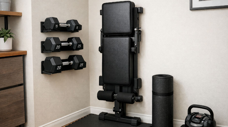 Banc de musculation pliable rang verticalement contre un mur dans un coin home gym en appartement