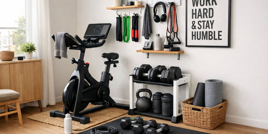 Setup home gym complet dans un petit appartement avec vlo connect haltres et lastiques