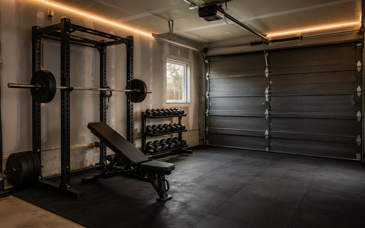 Amnager dans un garage avec rack de musculation banc et sol en dalles caoutchouc