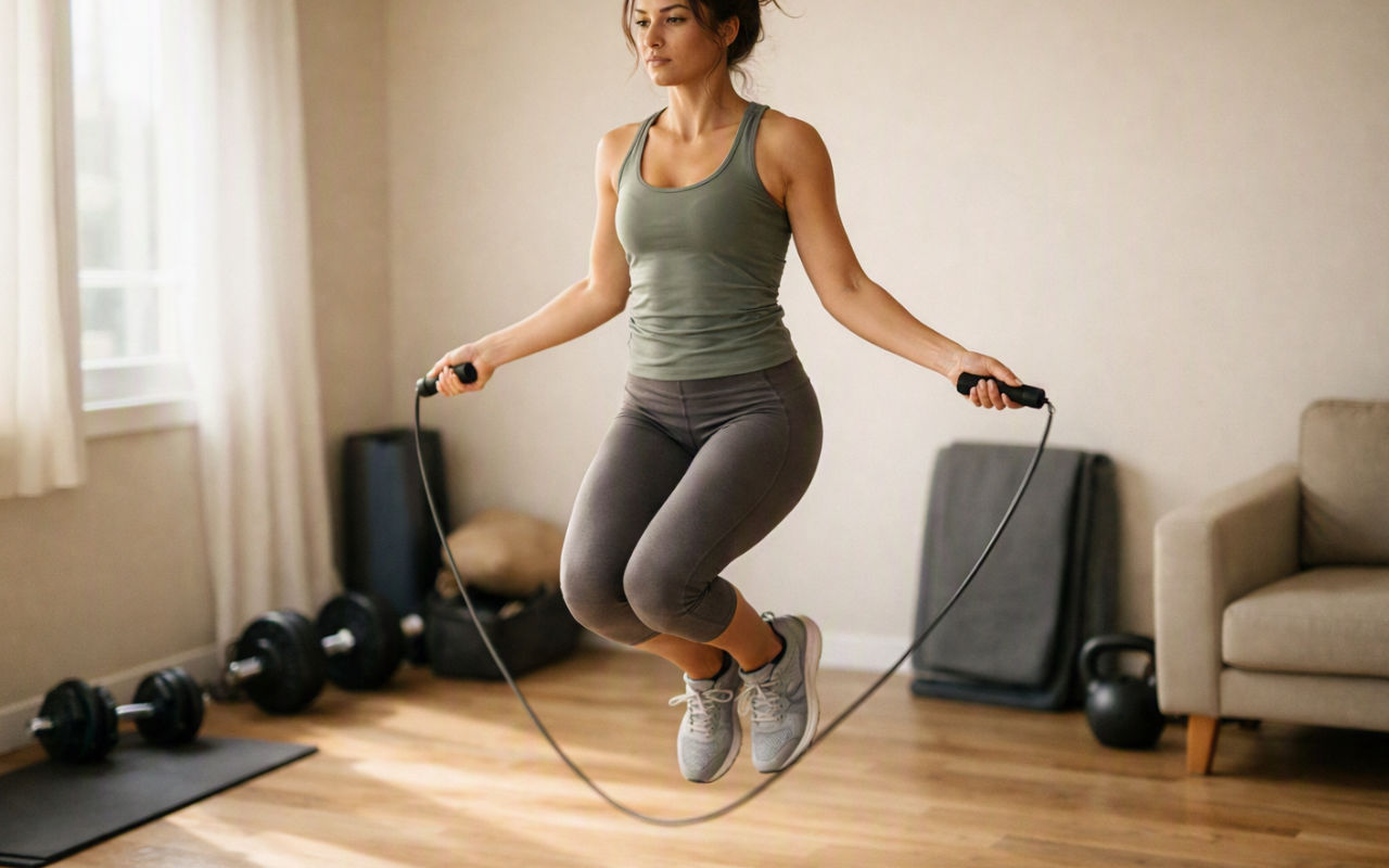 Personne s'entraînant à la corde à sauter dans un salon aménagé en home gym