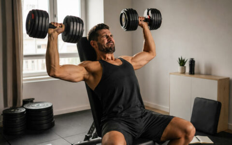 Homme s'entraînant en home gym avec des haltères réglables pour appliquer la surcharge progressive en musculation