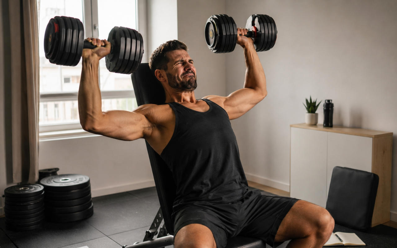 Homme s'entraînant en home gym avec des haltères réglables pour appliquer la surcharge progressive en musculation
