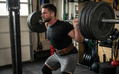 Pratiquant portant une ceinture de musculation en cuir pendant un squat lourd à la barre dans une salle de sport à domicile