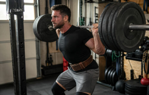 Pratiquant portant une ceinture de musculation en cuir pendant un squat lourd à la barre dans une salle de sport à domicile