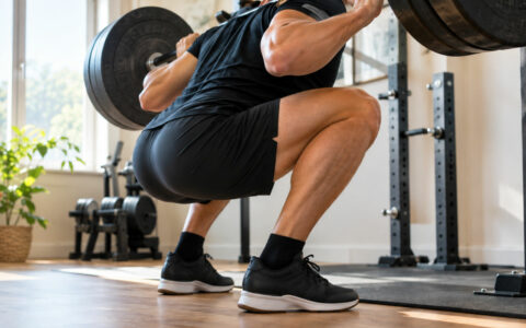Personne portant des chaussures d'haltérophilie à talon surélevé pendant un squat à la barre dans une salle de sport à domicile