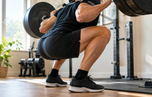 Personne portant des chaussures d'haltérophilie à talon surélevé pendant un squat à la barre dans une salle de sport à domicile