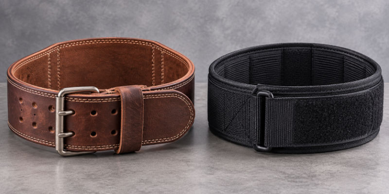Deux ceintures de musculation poses cte  cte lune en cuir marron rigide et lautre en nylon noir avec fermeture velcro