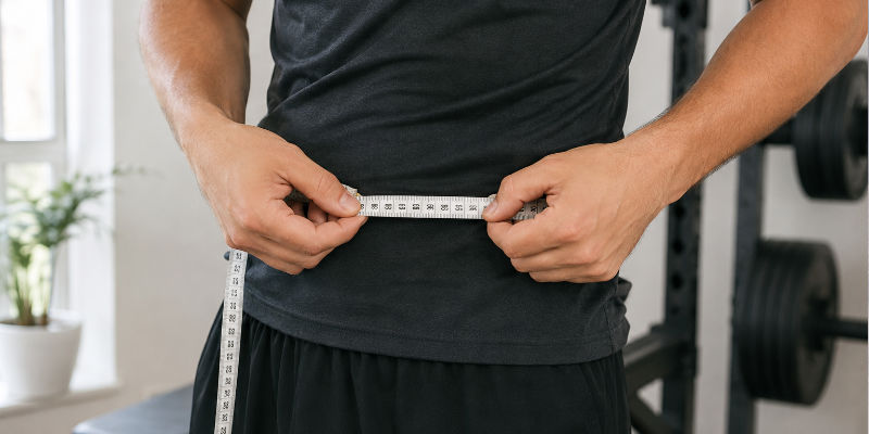 Personne mesurant son tour de taille au niveau du nombril avec un mtre ruban avant dacheter une ceinture de musculation