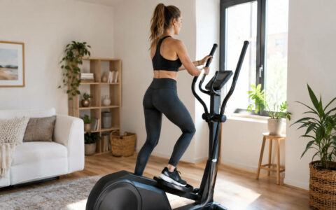 Personne s'entraînant sur un vélo elliptique dans un salon aménagé en coin home gym
