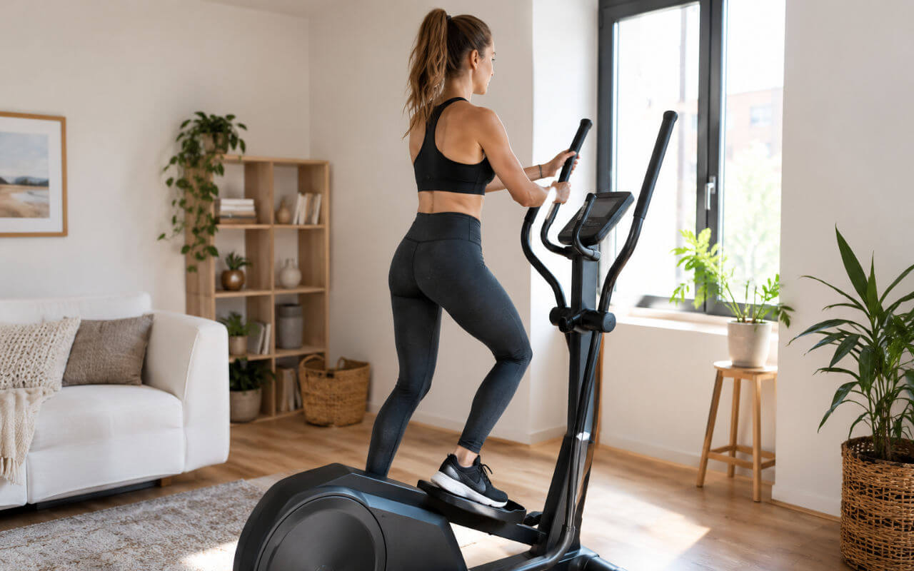 Personne s'entraînant sur un vélo elliptique dans un salon aménagé en coin home gym