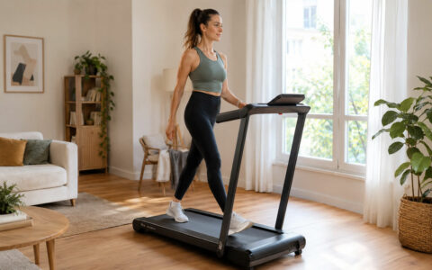 Tapis de course installé dans un salon lumineux d'appartement