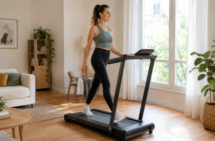 Tapis de course installé dans un salon lumineux d'appartement