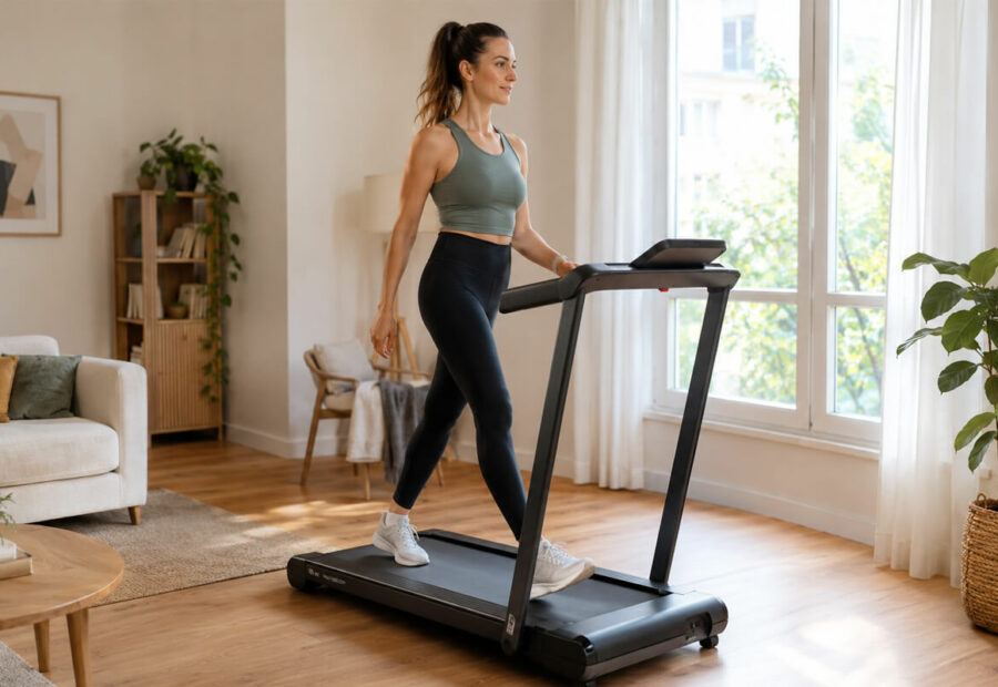 Tapis de course installé dans un salon lumineux d'appartement